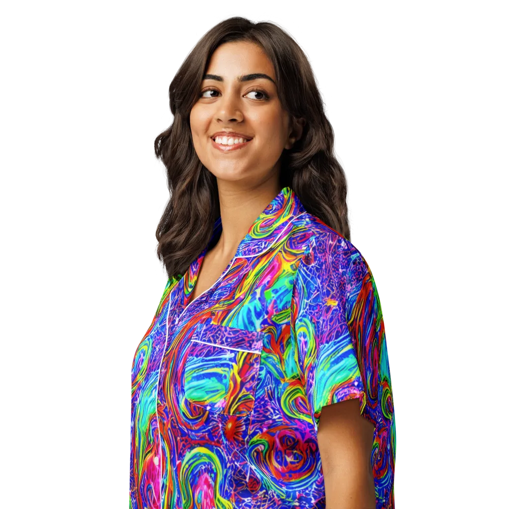 Cobalt Marbling on Women's Short Sleeve Pajama Top — Left Front