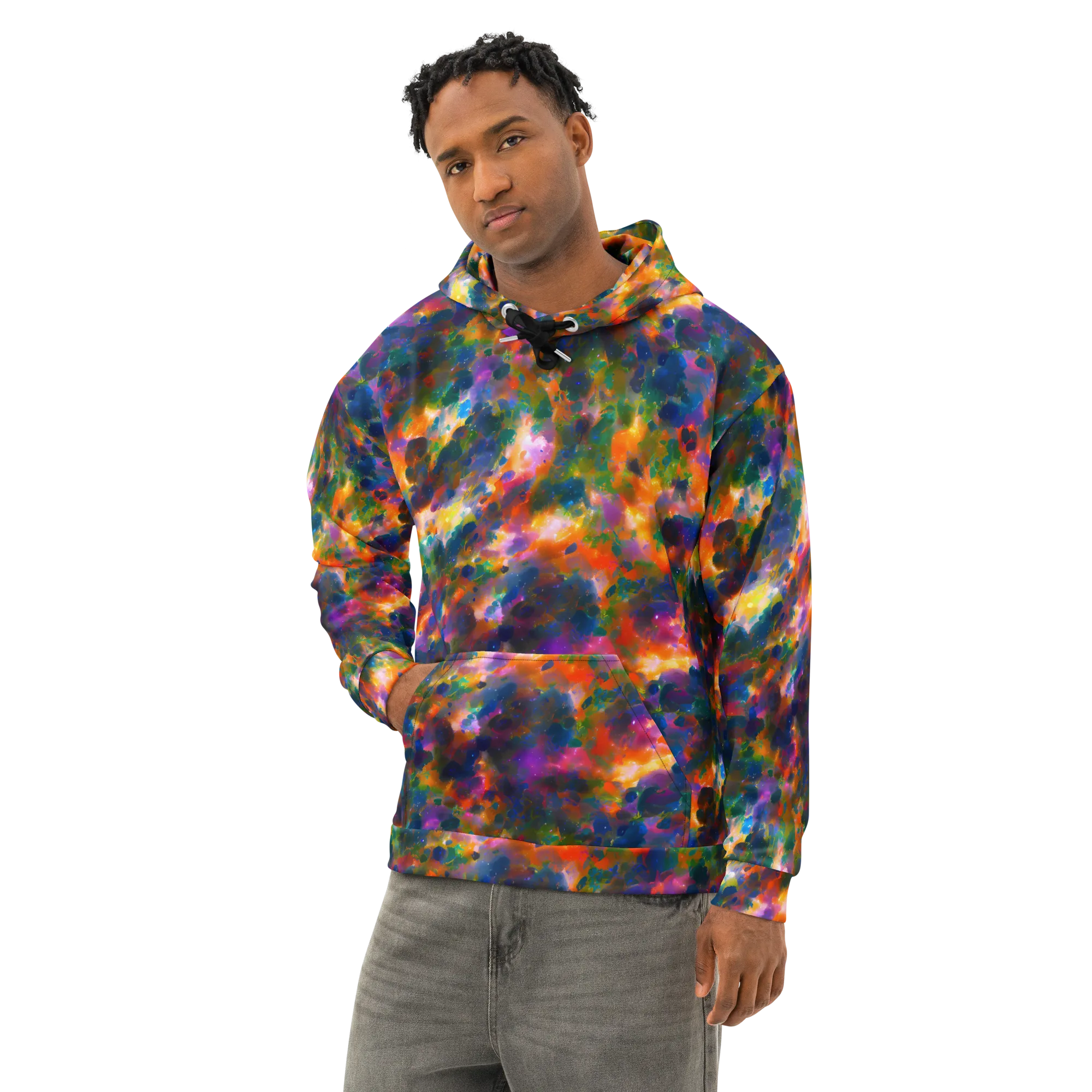 Cosmic Paintfall on Cotton Hoodie — Left Front