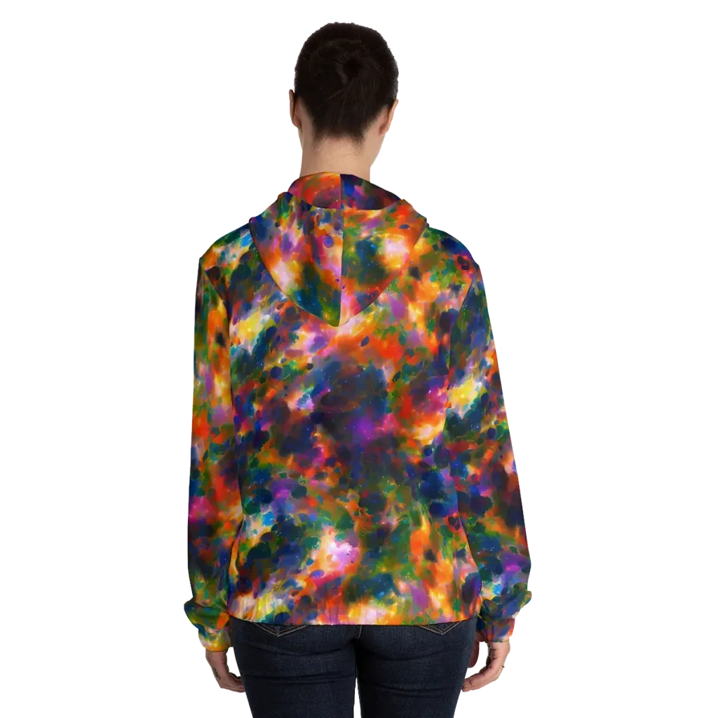 Cosmic Paintfall on Women's Full-Zip Hoodie — Back On Person