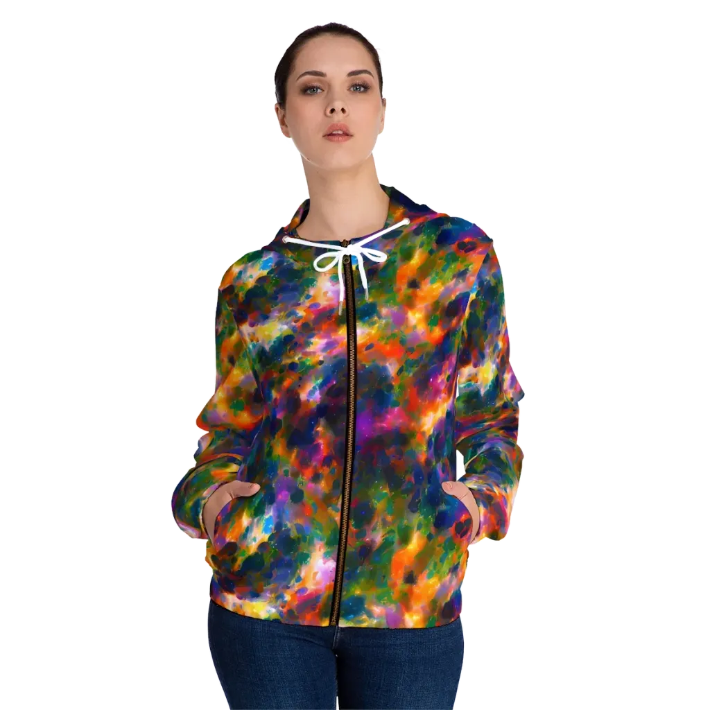 Cosmic Paintfall on Women's Full-Zip Hoodie — Front On Person