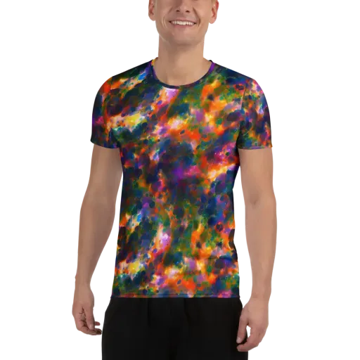 Cosmic Paintfall on a Men's Athletic T-Shirt