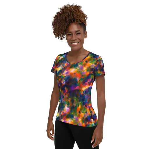 Cosmic Paintfall on a Women's Athletic T-Shirt