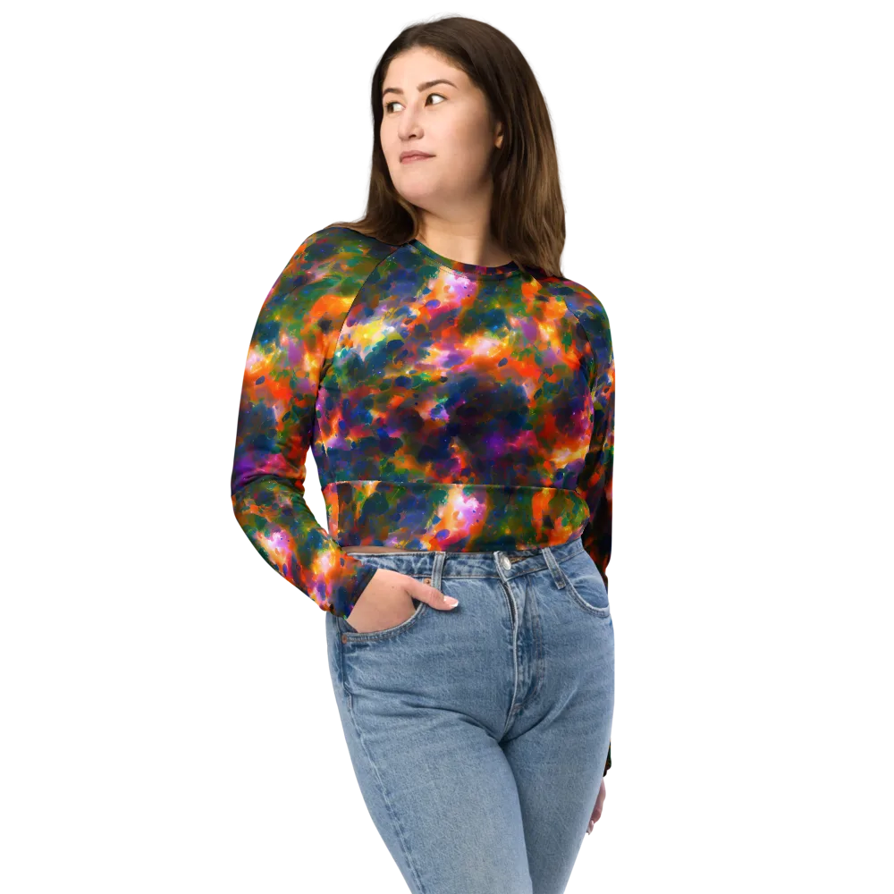Cosmic Paintfall on Long Sleeve Crop Top — Front