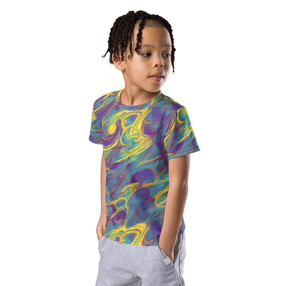 Golden Waveform on Kids Crew Neck T-Shirt — Left Front