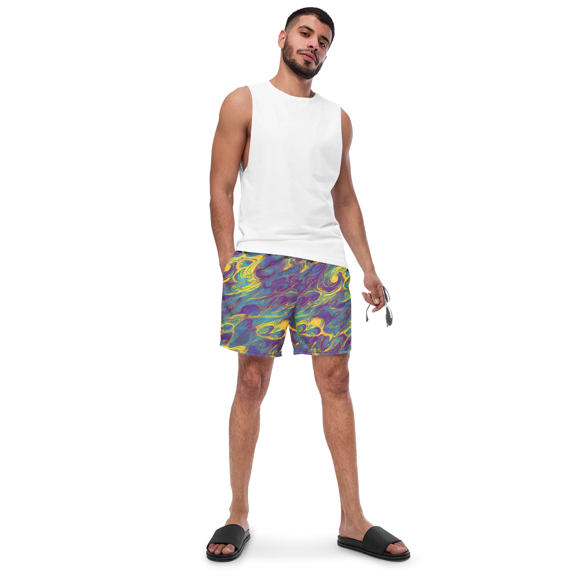 Golden Waveform on Swim Trunks — Front