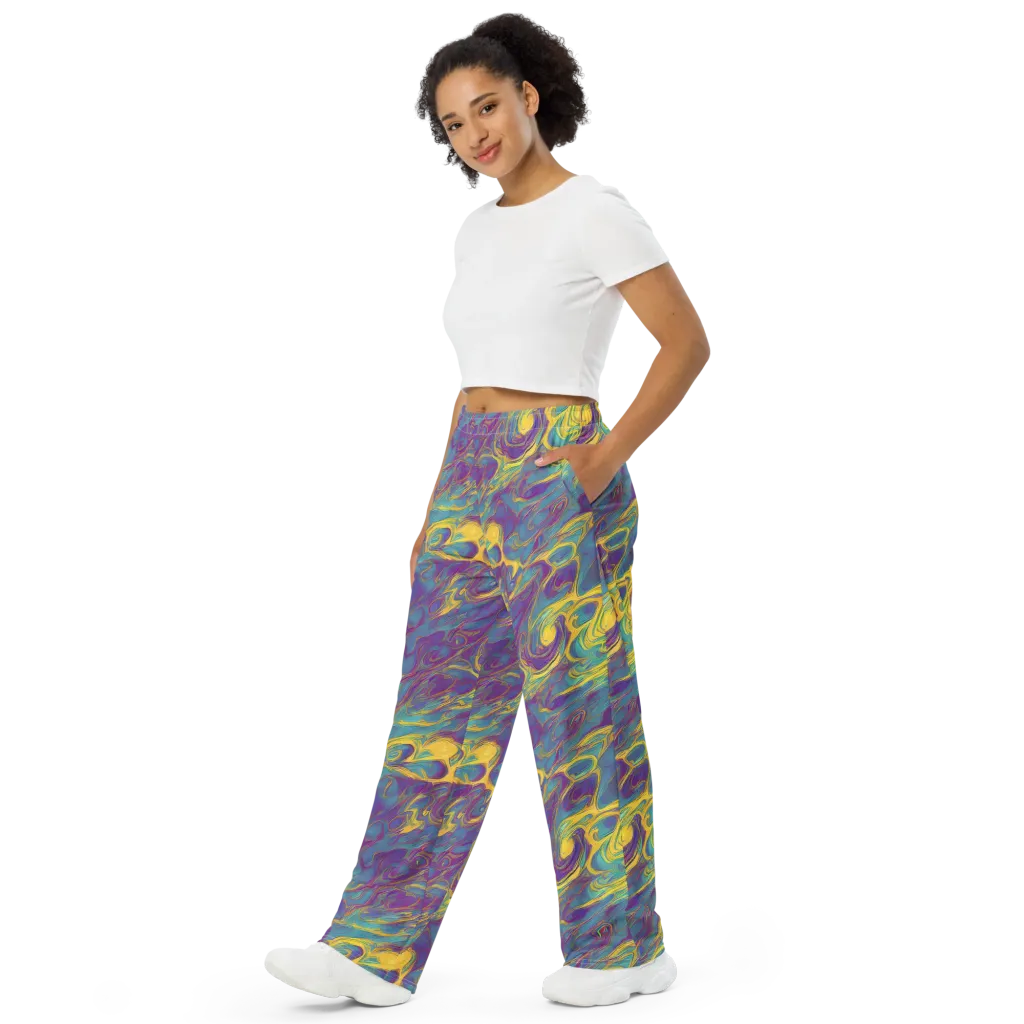 Golden Waveform on Wide-Leg Pants — Left Front