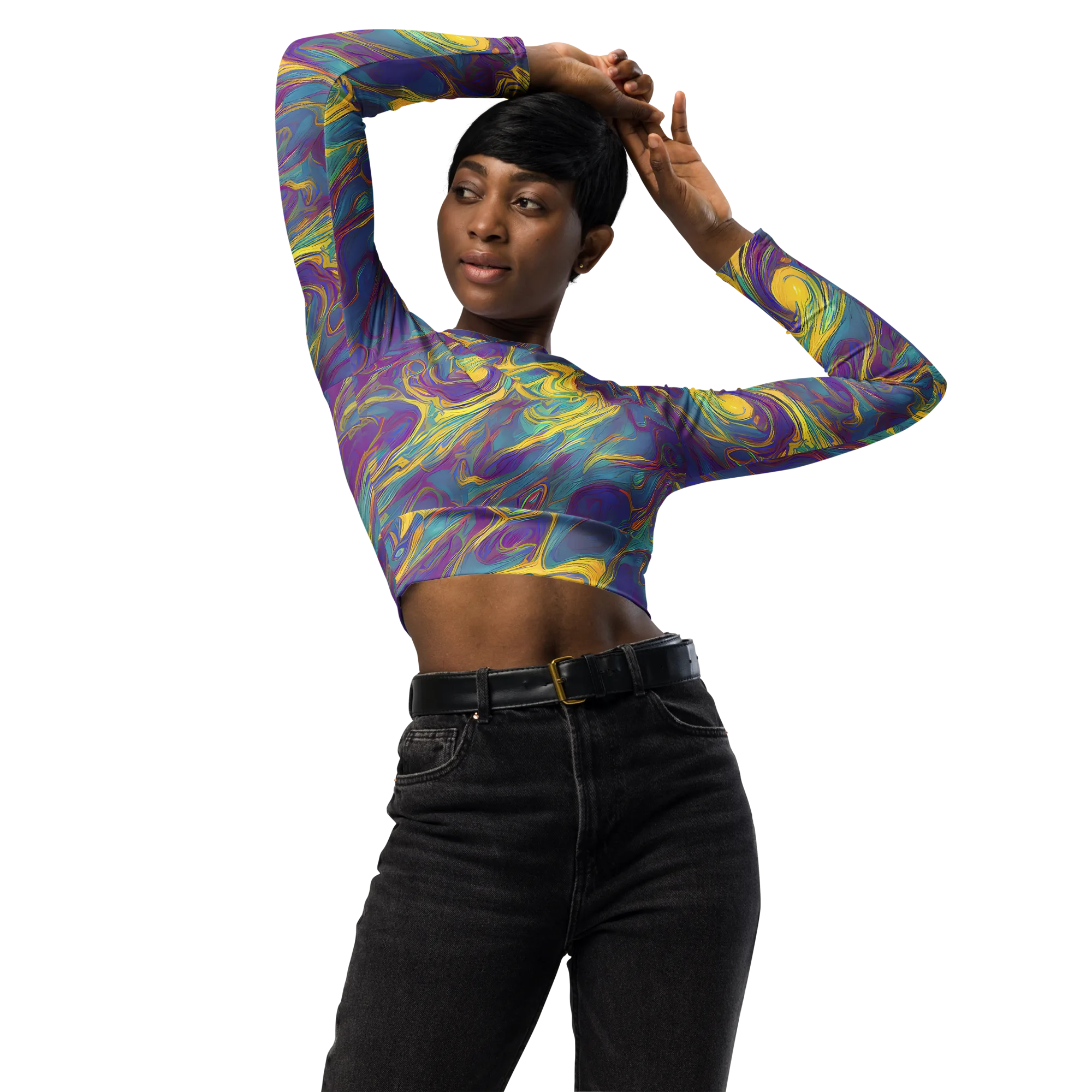Golden Waveform on Long Sleeve Crop Top — Front