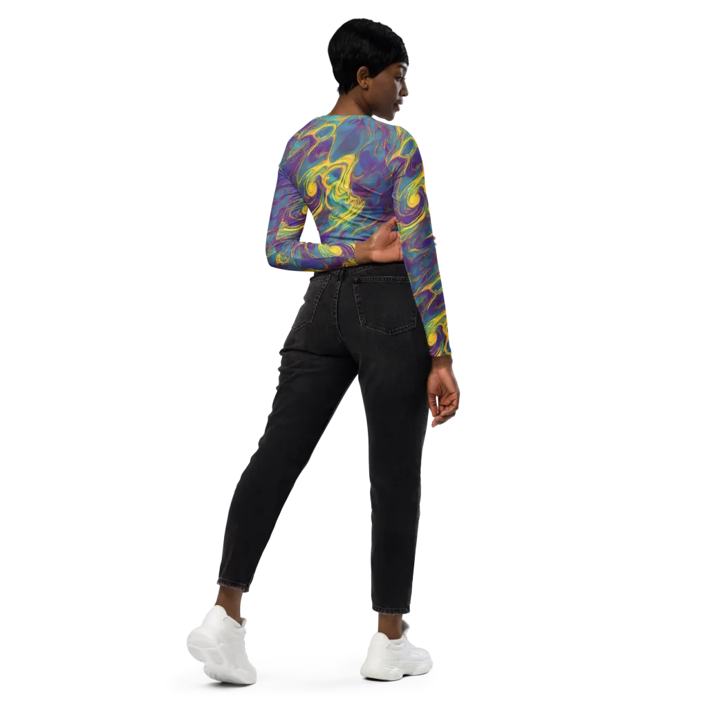Golden Waveform on Long Sleeve Crop Top — Right Back