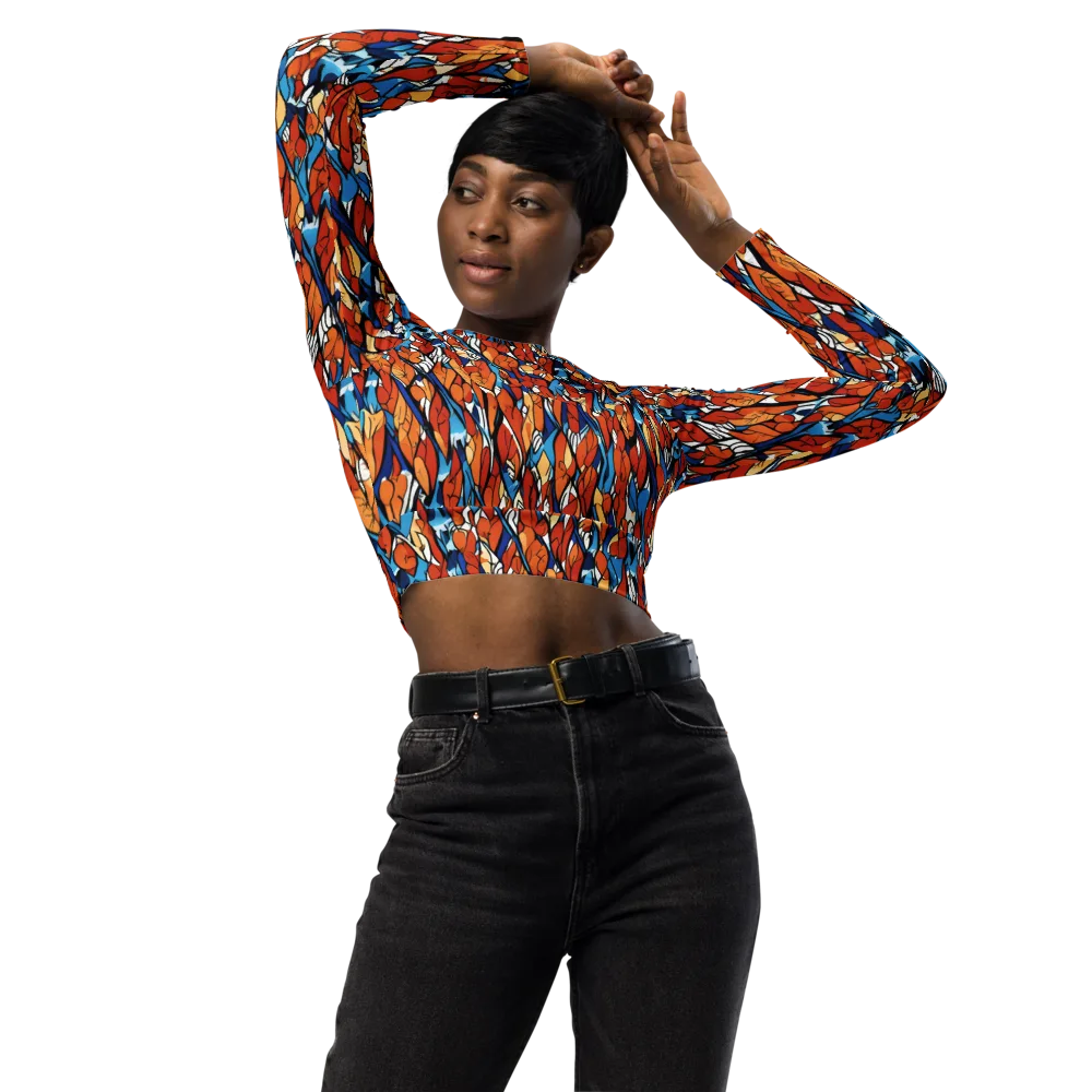 Cobalt Poppy on Long Sleeve Crop Top — Front