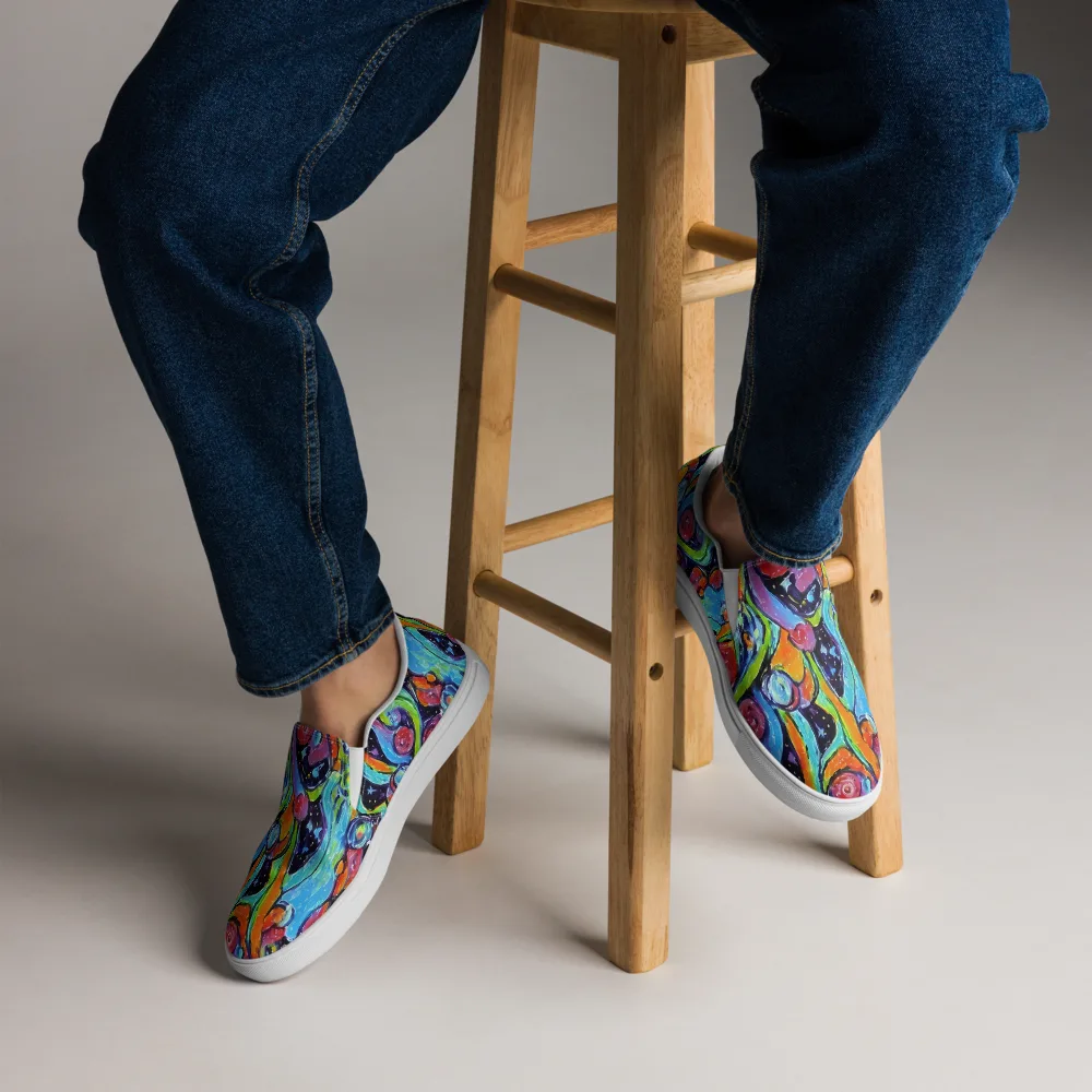 Cosmic Fruitfall on Men's Slip-On Canvas Shoes — Front