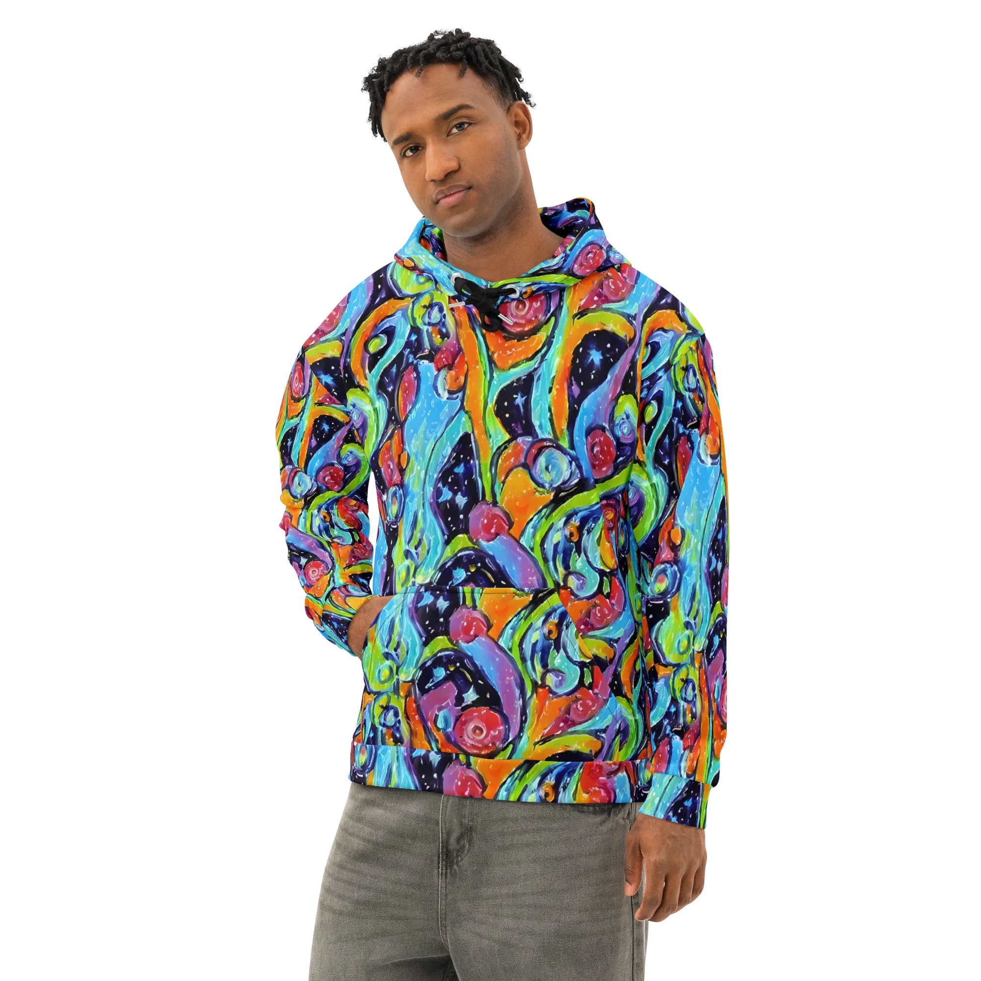 Cosmic Fruitfall on Cotton Hoodie — Left Front