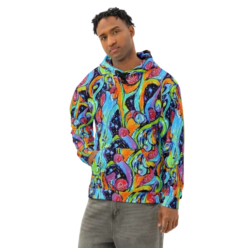 Cosmic Fruitfall on a Cotton Hoodie
