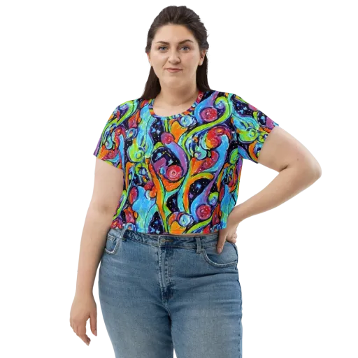 Cosmic Fruitfall on a Crop Tee