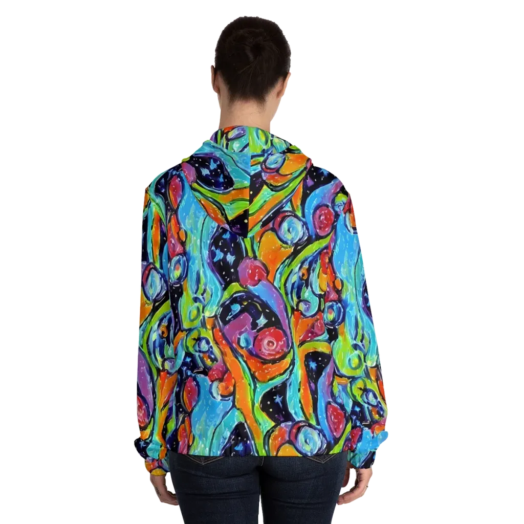 Cosmic Fruitfall on Women's Full-Zip Hoodie — Back On Person
