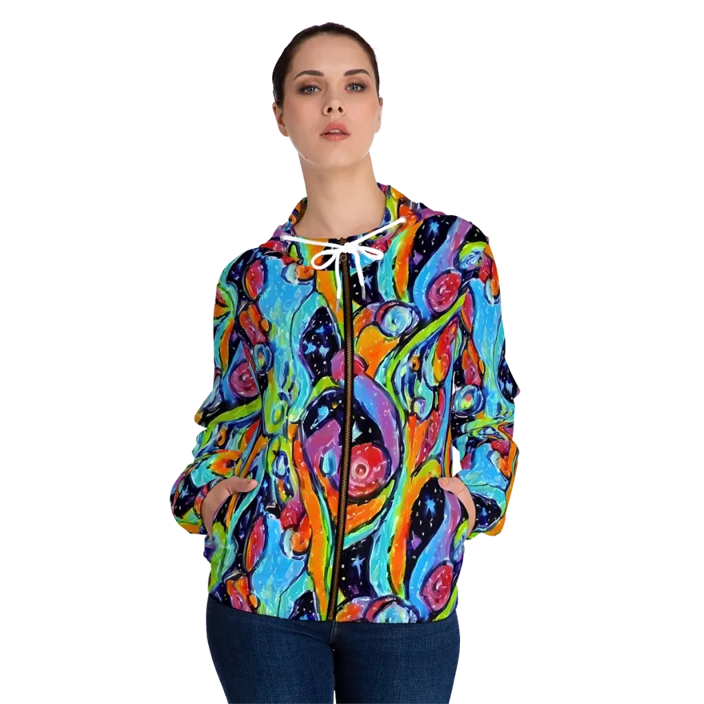 Cosmic Fruitfall on Women's Full-Zip Hoodie — Front On Person