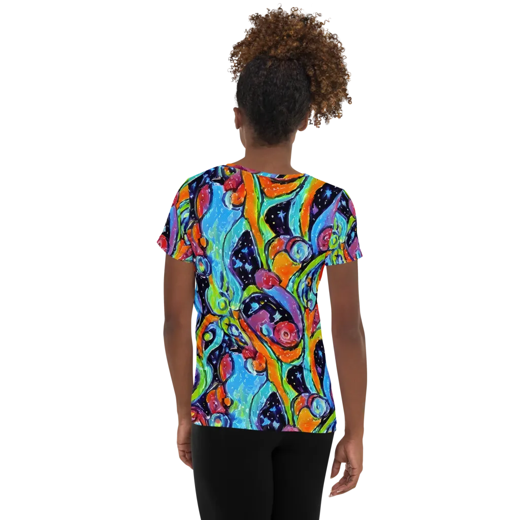 Cosmic Fruitfall on Women's Athletic T-Shirt — Back