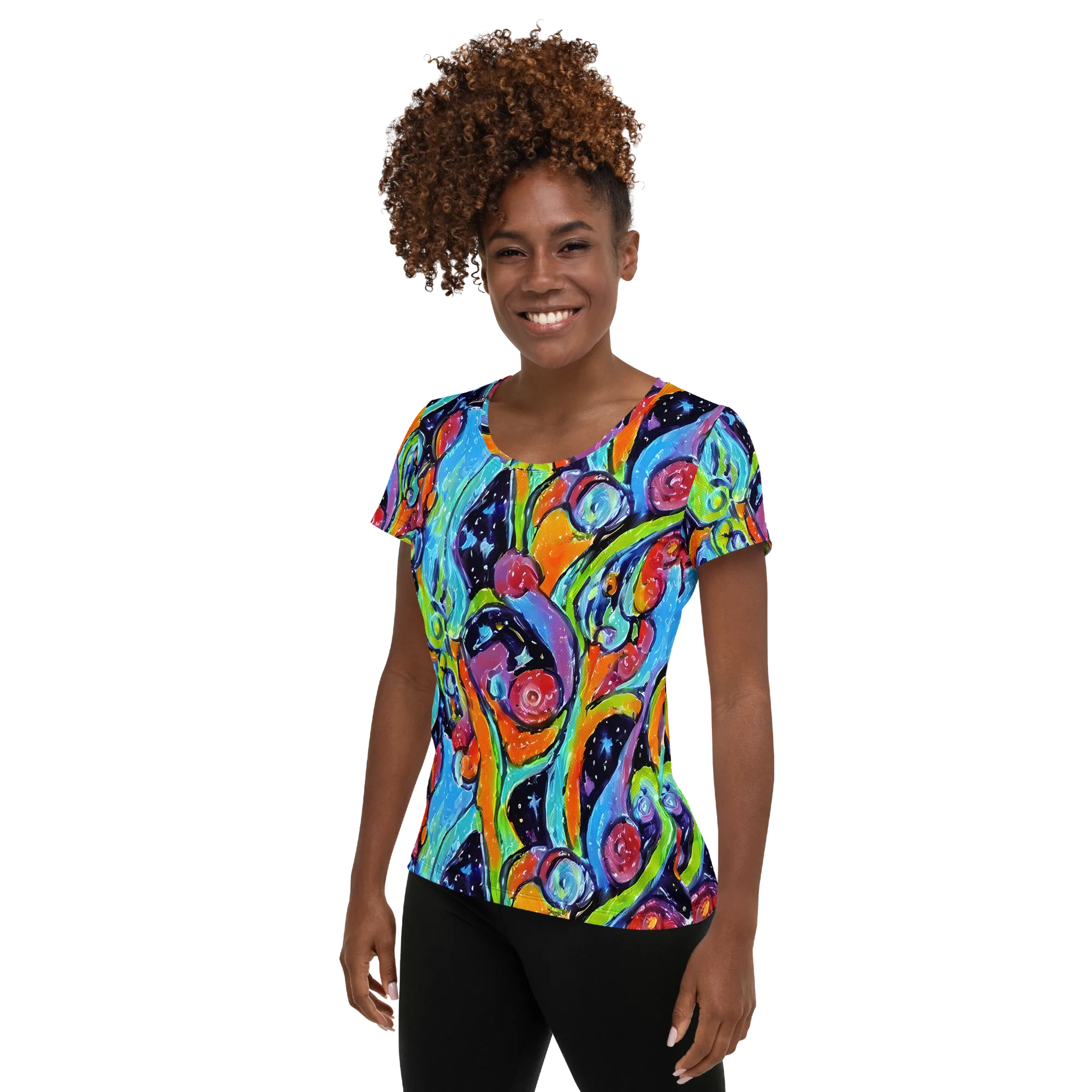 Cosmic Fruitfall on Women's Athletic T-Shirt — Left