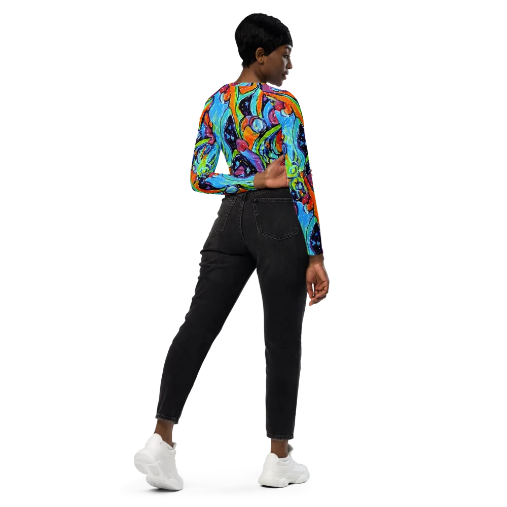 Cosmic Fruitfall on Long Sleeve Crop Top — Right Back