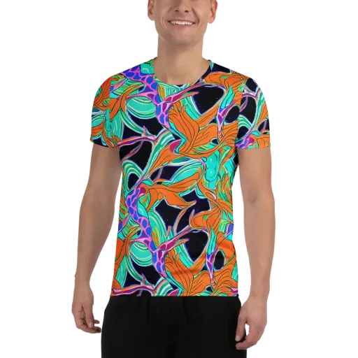 Orbiting Leaves on a Men's Athletic T-Shirt