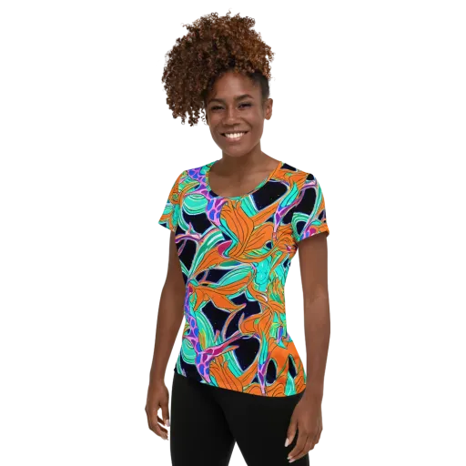 Orbiting Leaves on a Women's Athletic T-Shirt