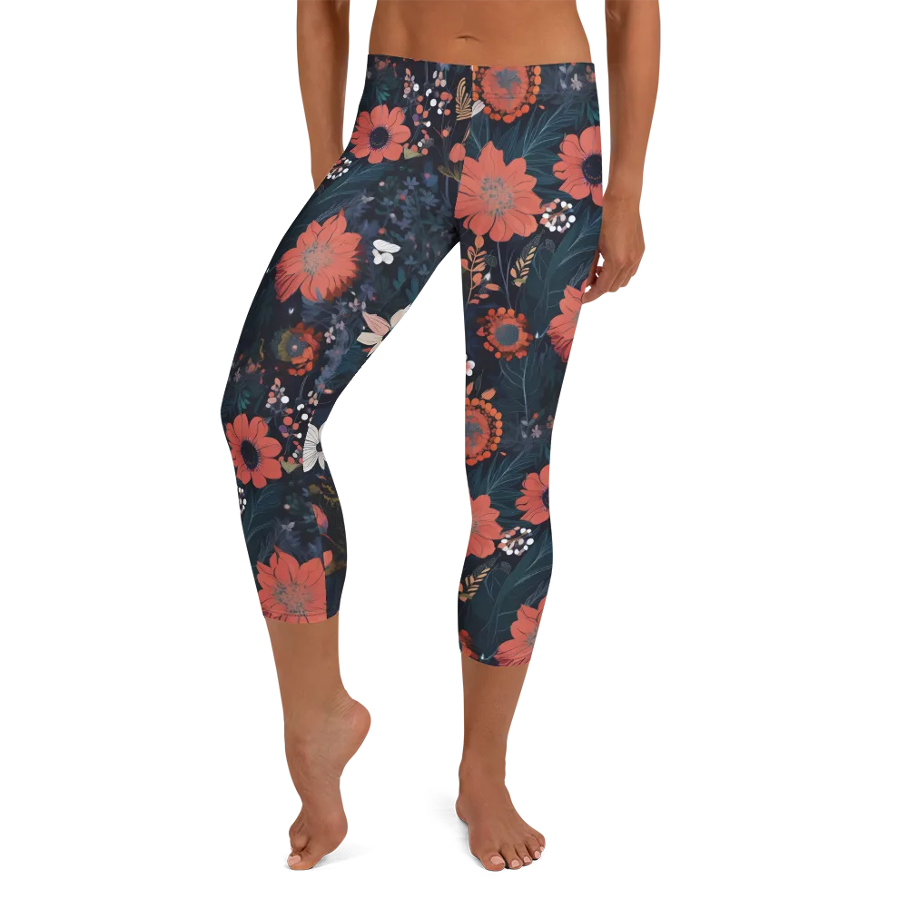 Coral Nocturne on Capri Leggings — Front