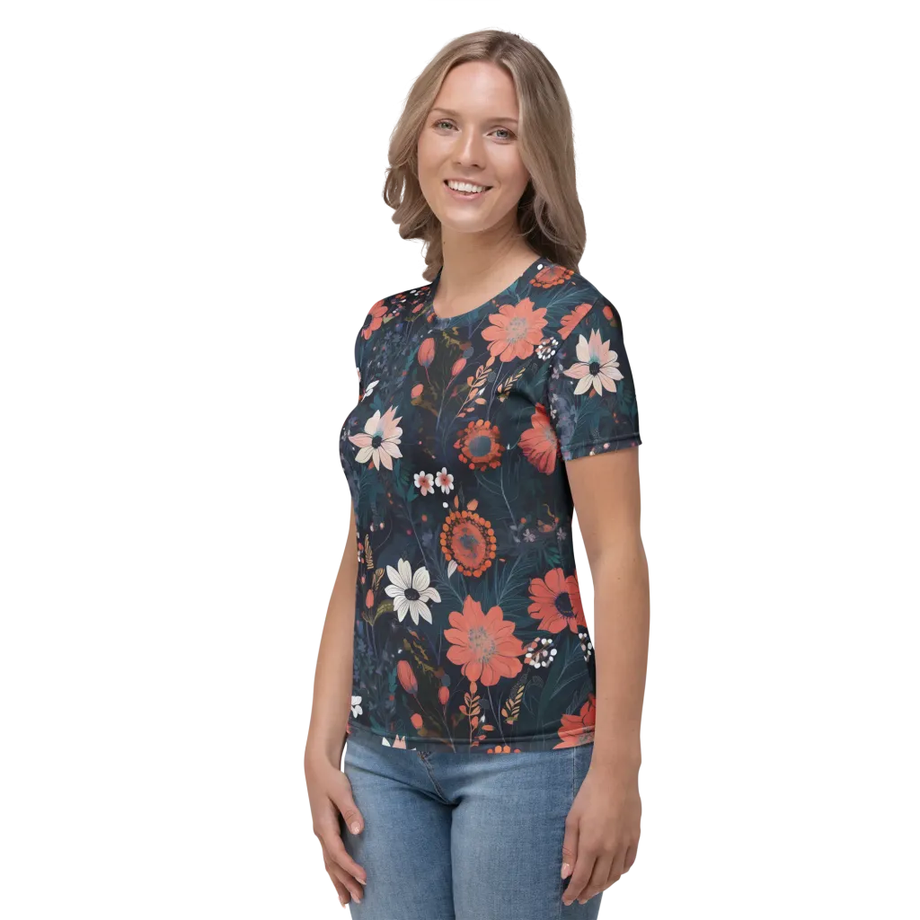 Coral Nocturne on Women's Crew Neck T-Shirt — Left