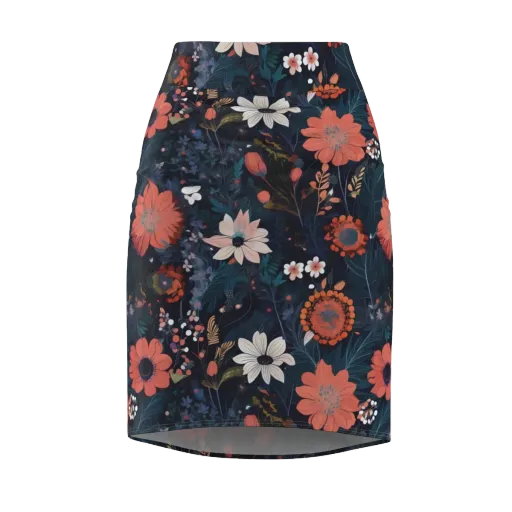 Coral Nocturne on a Pencil Skirt