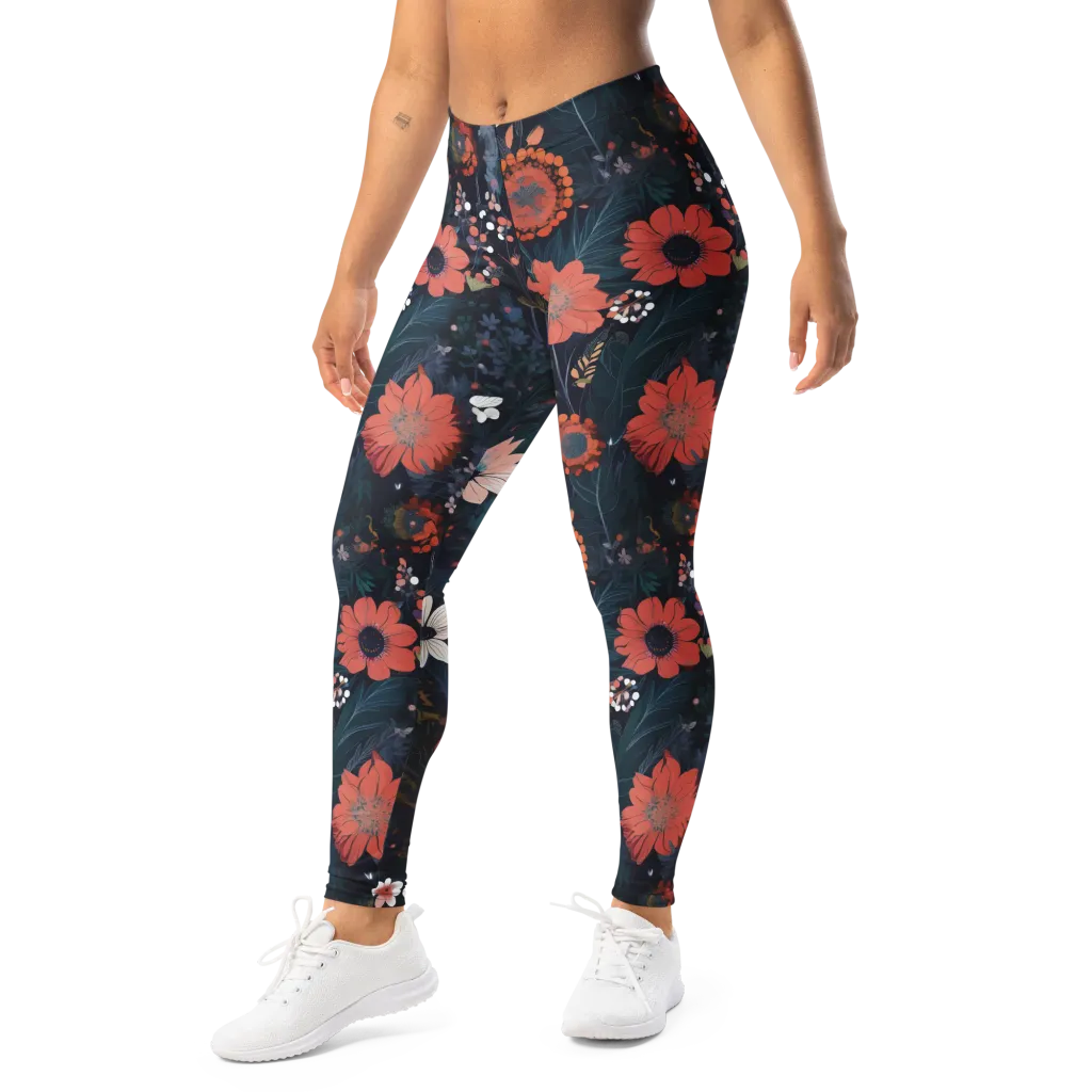Coral Nocturne on Leggings — Left Front