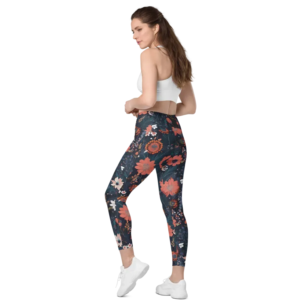 Coral Nocturne on Leggings with Pockets — Left Back