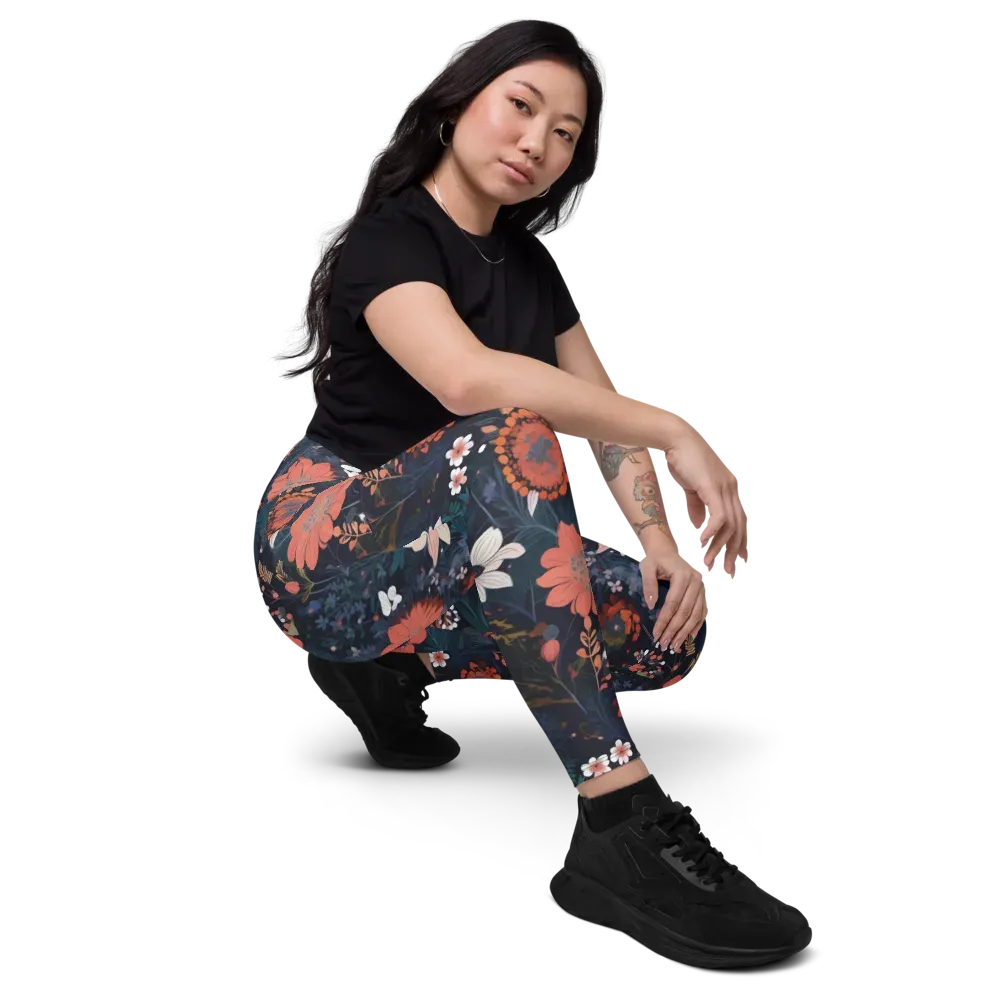 Coral Nocturne on Leggings with Pockets — Right Front