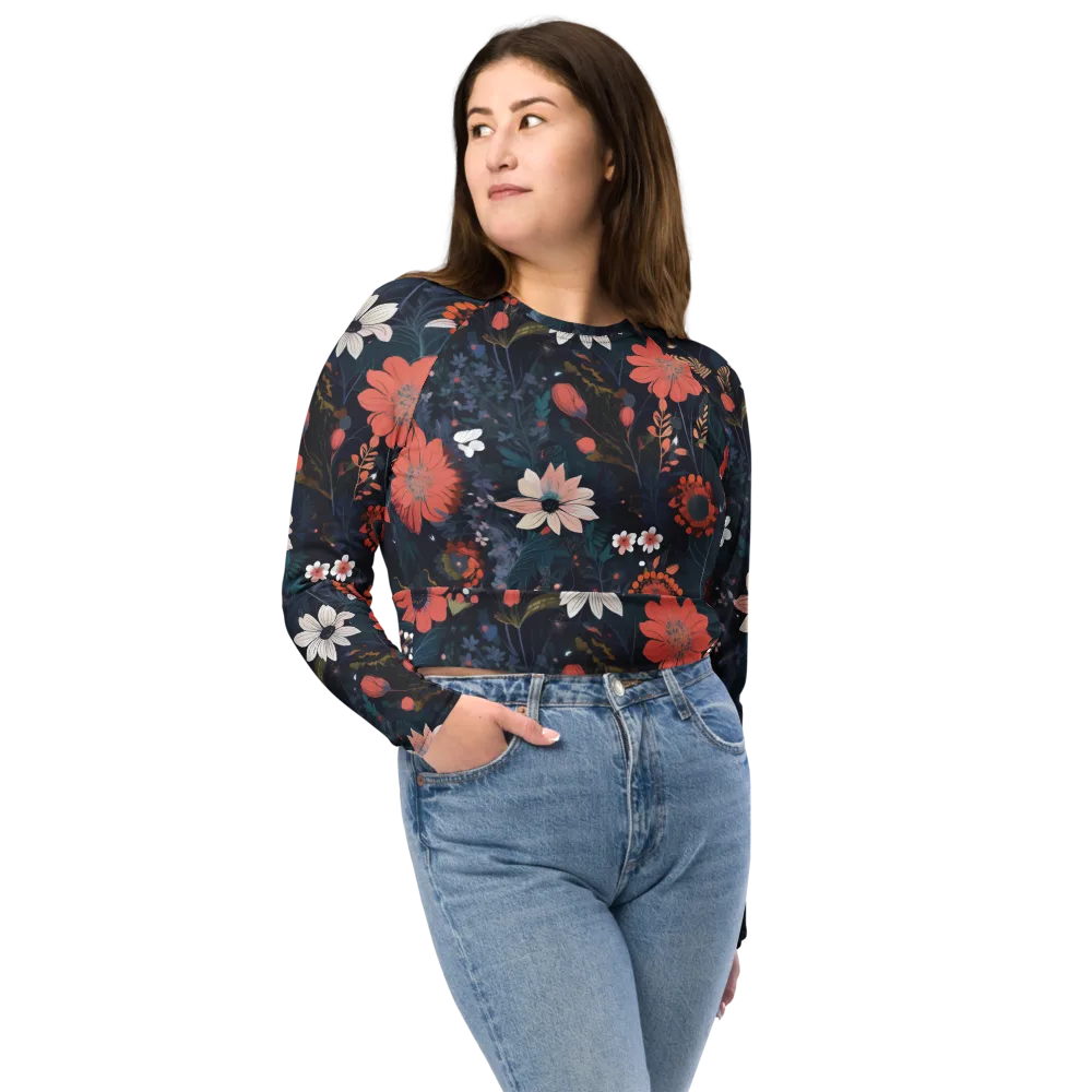 Coral Nocturne on Long Sleeve Crop Top — Front