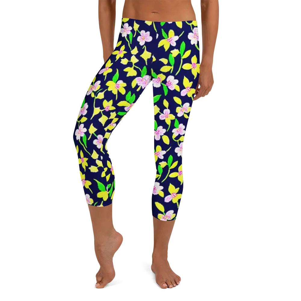 Navy Blossom on Capri Leggings — Front