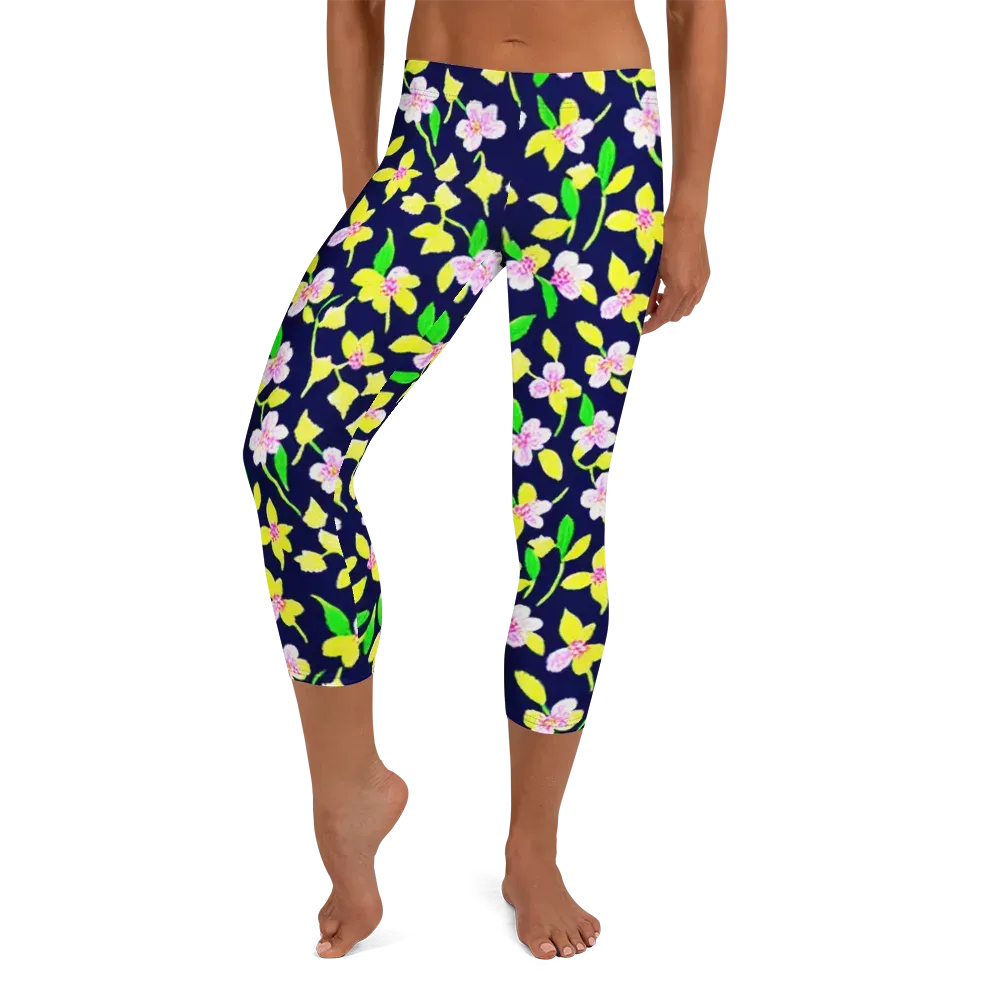 Navy Blossom on Capri Leggings — Front