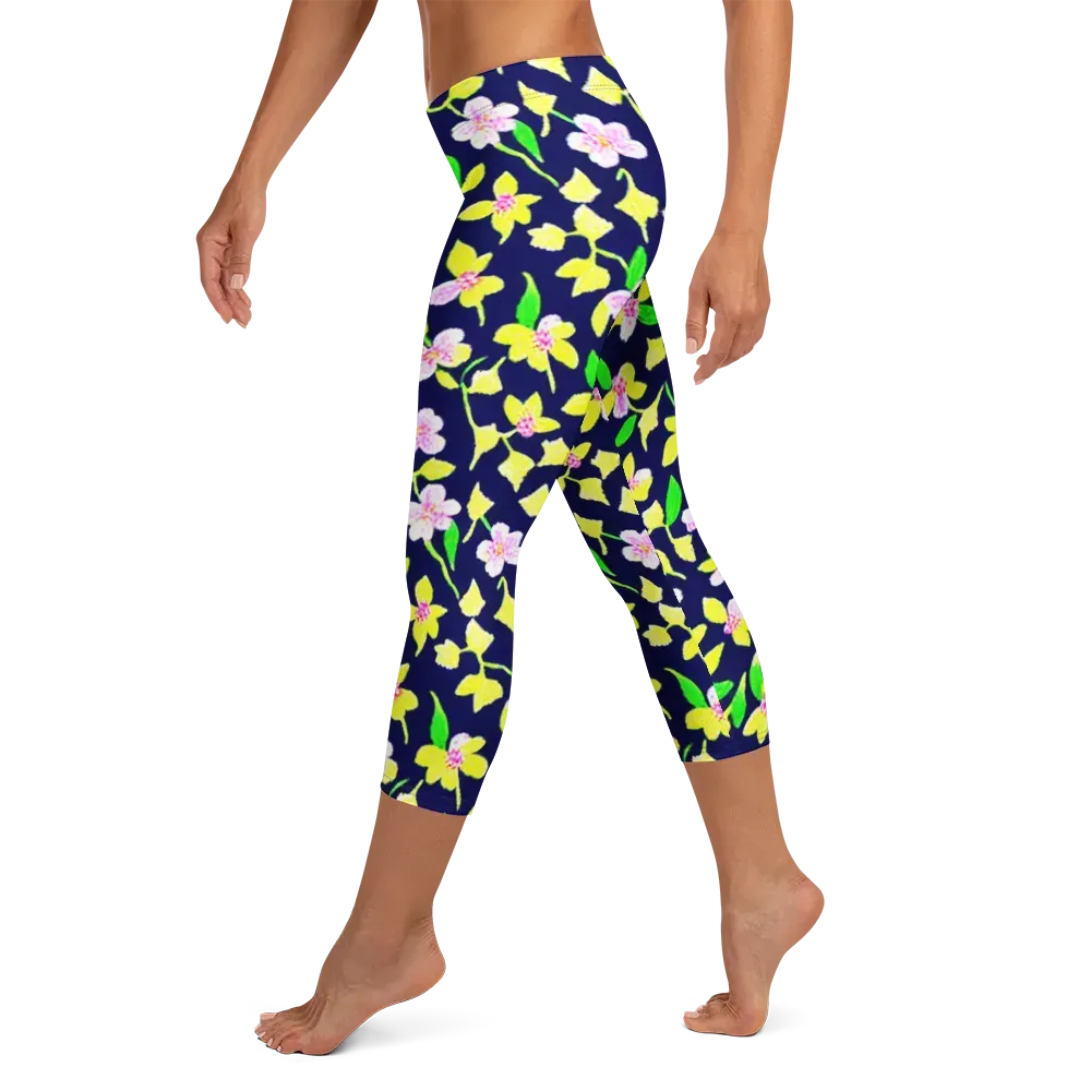 Navy Blossom on Capri Leggings — Left