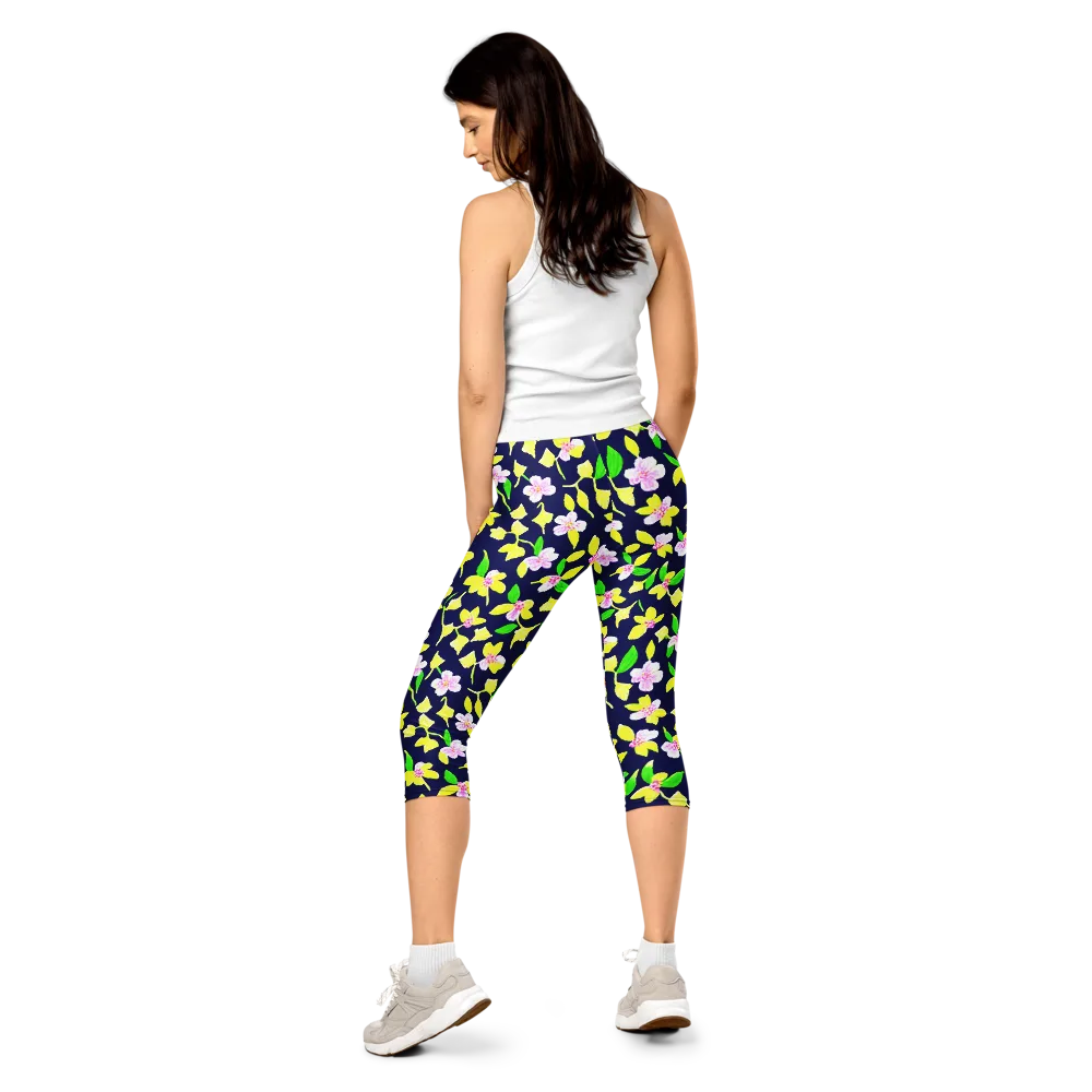 Navy Blossom on Capri Leggings — Back