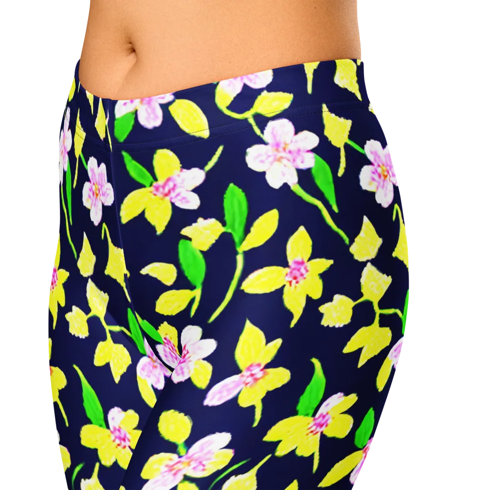 Navy Blossom on Capri Leggings — Zoomed-in