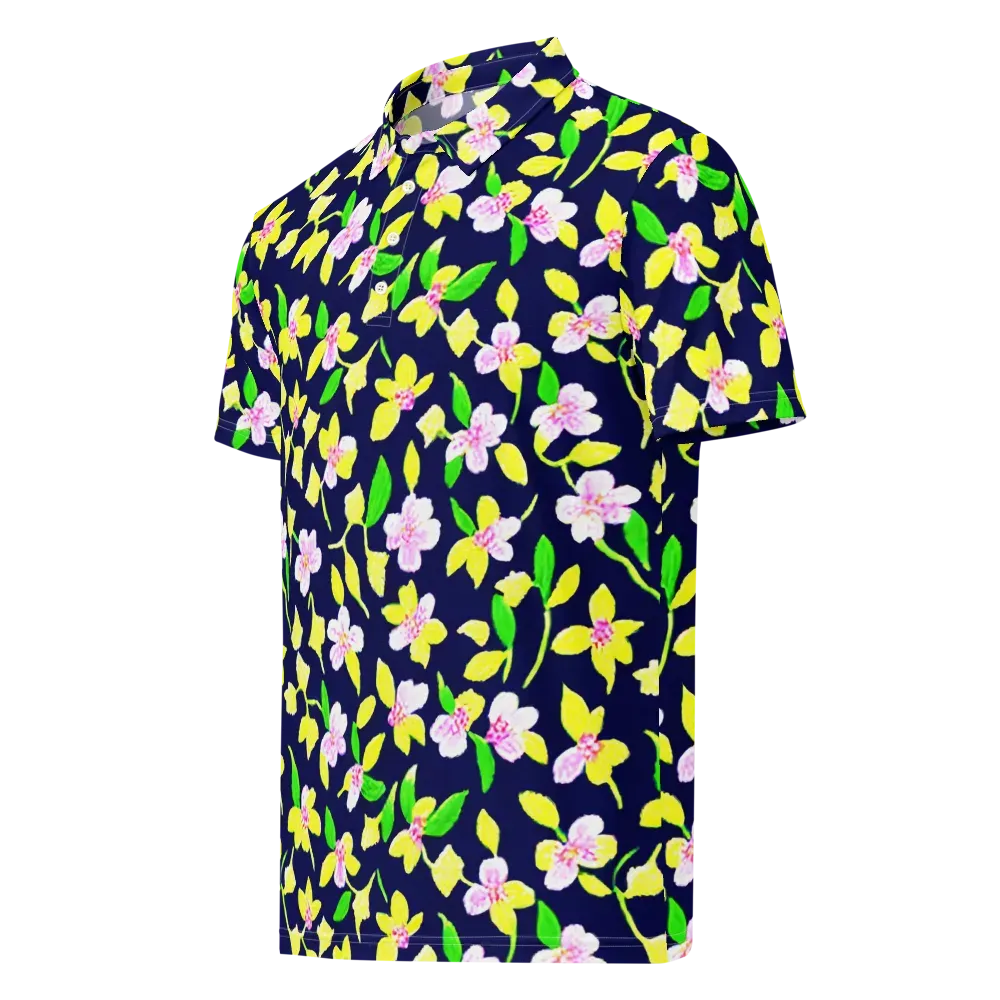 Navy Blossom on Men's Slim Fit Polo Shirt — Left Front