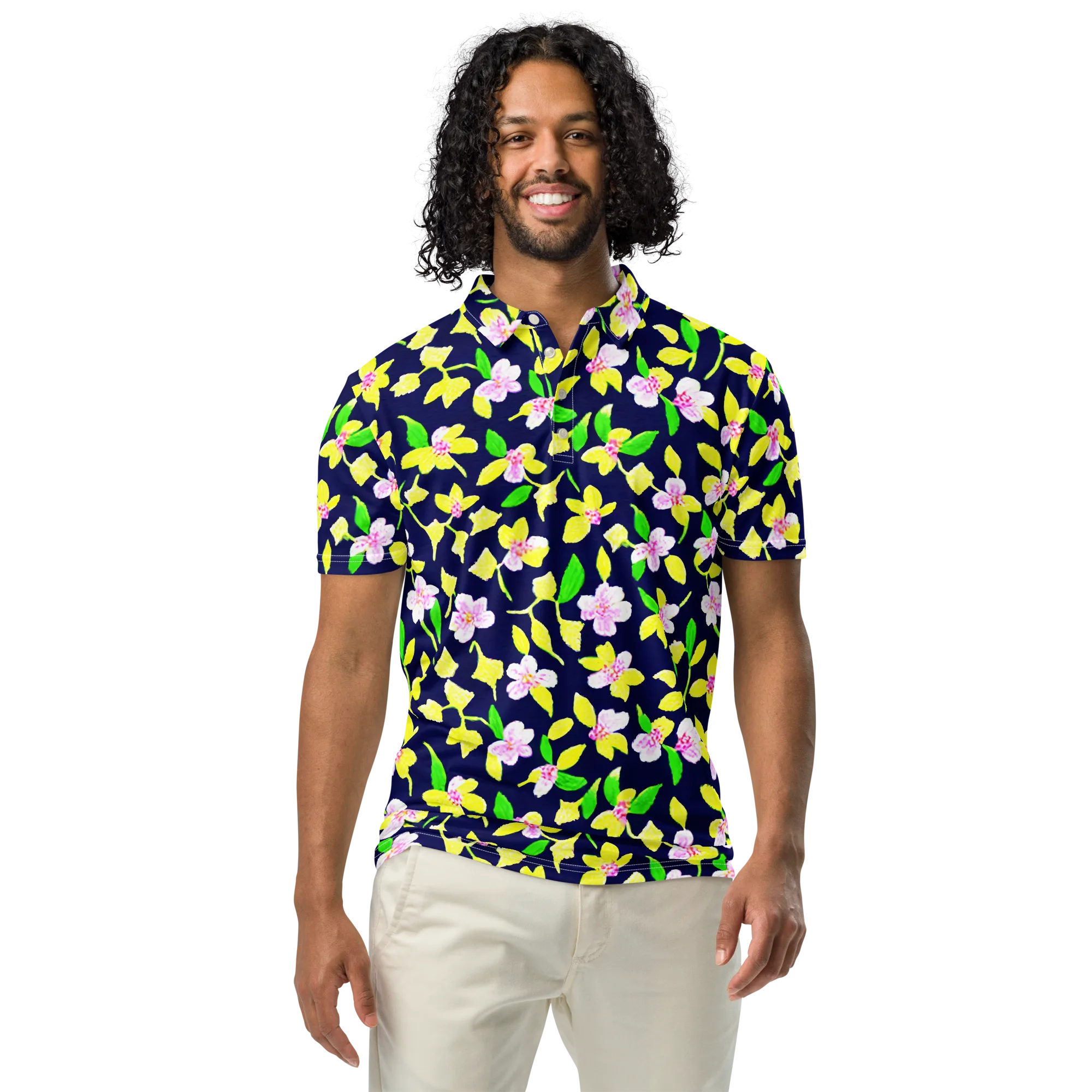 Navy Blossom on Men's Slim Fit Polo Shirt — Front