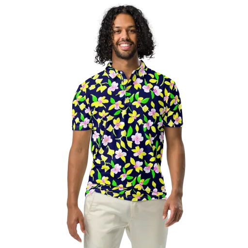 Navy Blossom on a Men's Slim Fit Polo Shirt