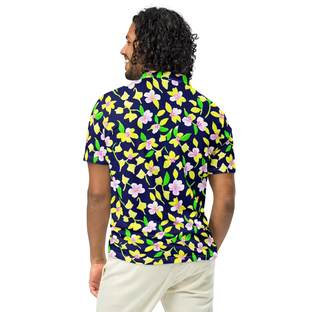 Navy Blossom on Men's Slim Fit Polo Shirt — Back