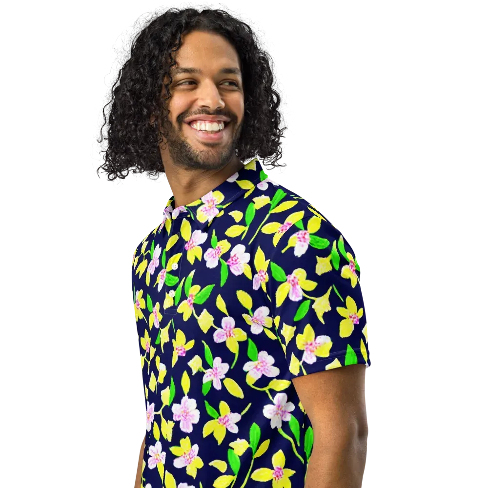 Navy Blossom on Men's Slim Fit Polo Shirt — Left Front