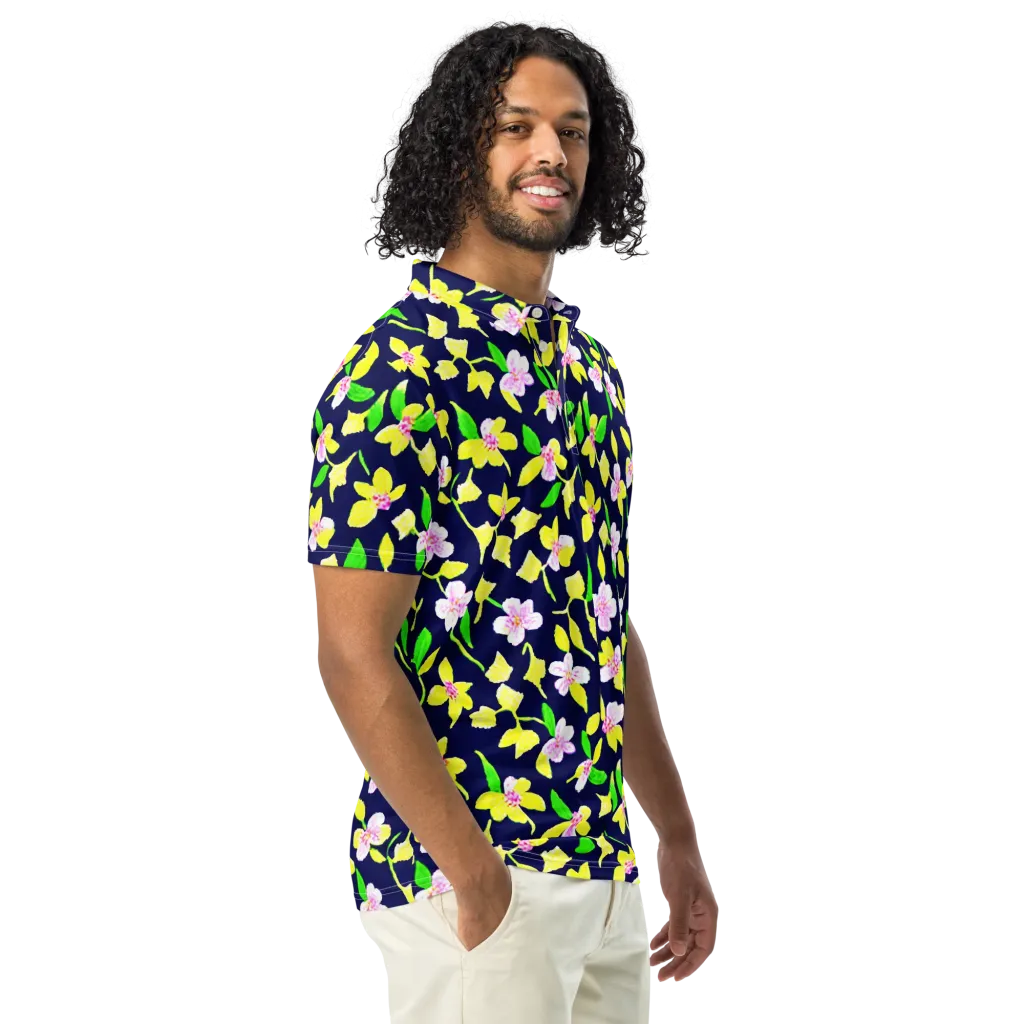 Navy Blossom on Men's Slim Fit Polo Shirt — Right Front