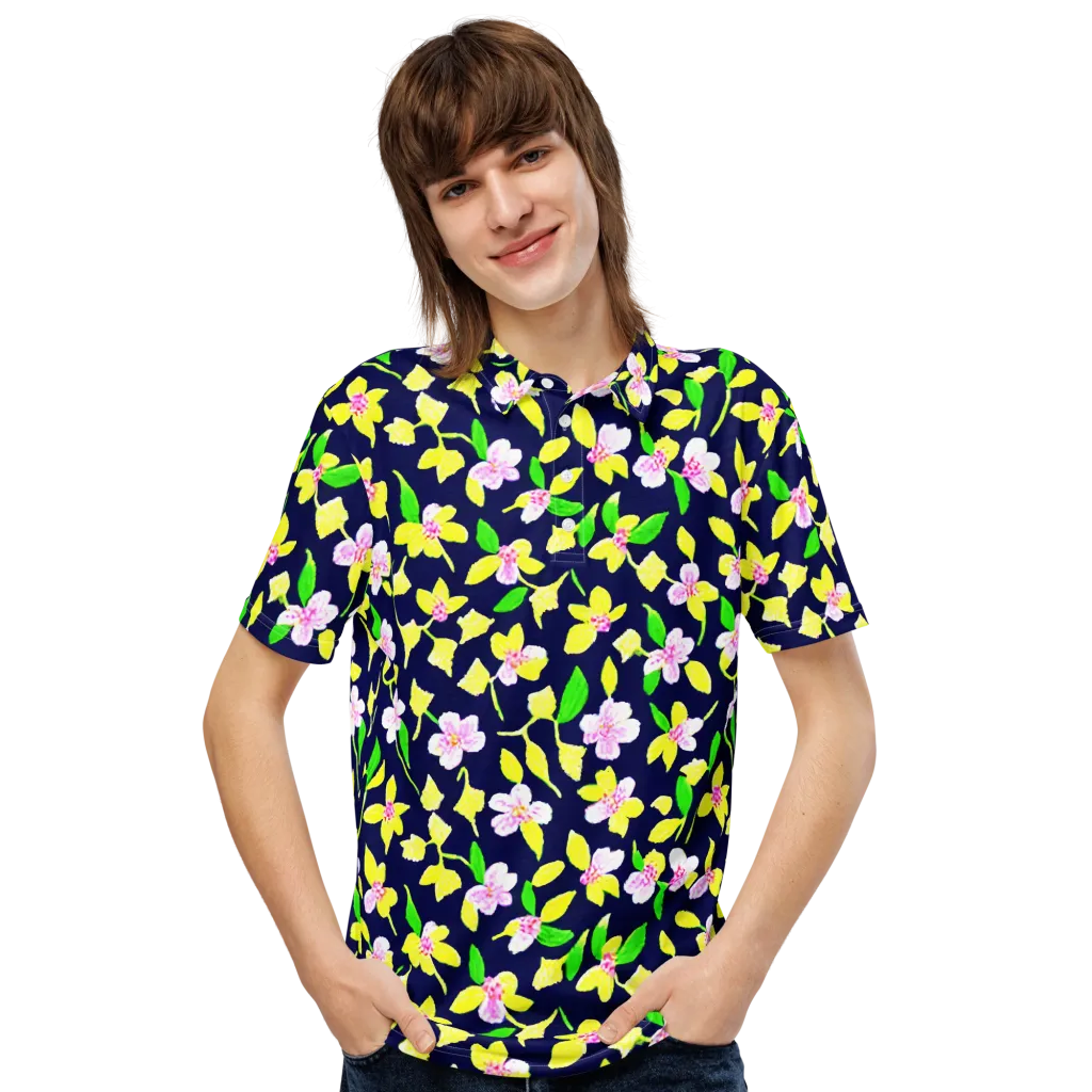 Navy Blossom on Men's Slim Fit Polo Shirt — Front