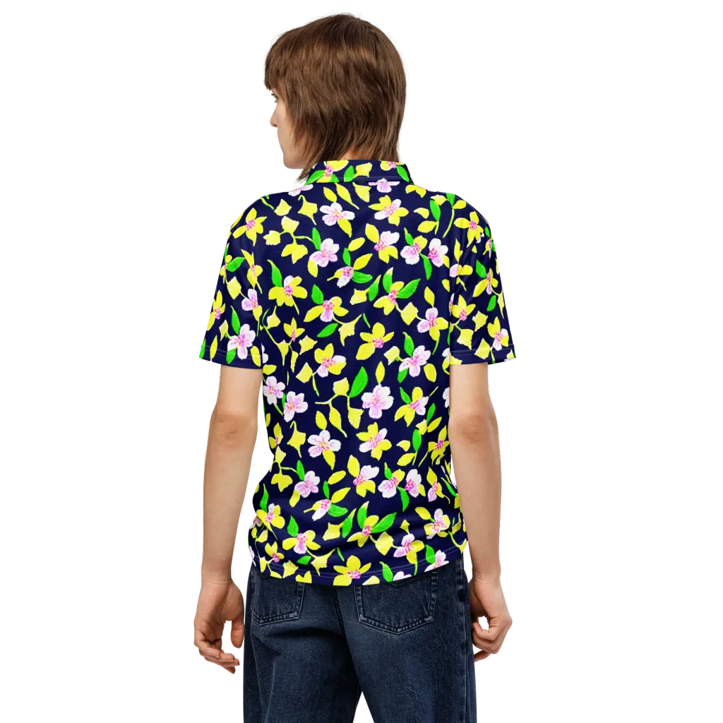 Navy Blossom on Men's Slim Fit Polo Shirt — Back