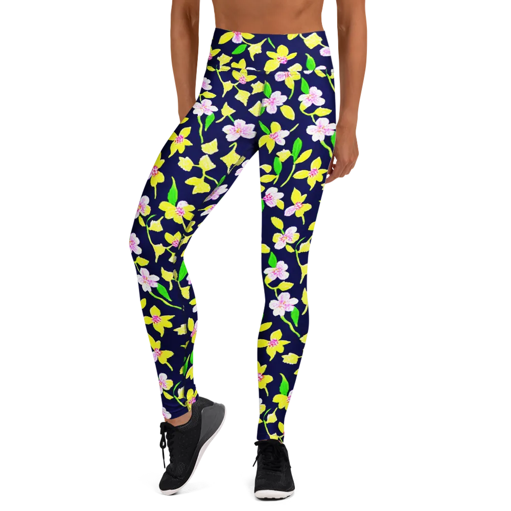Navy Blossom on Yoga Leggings — Front