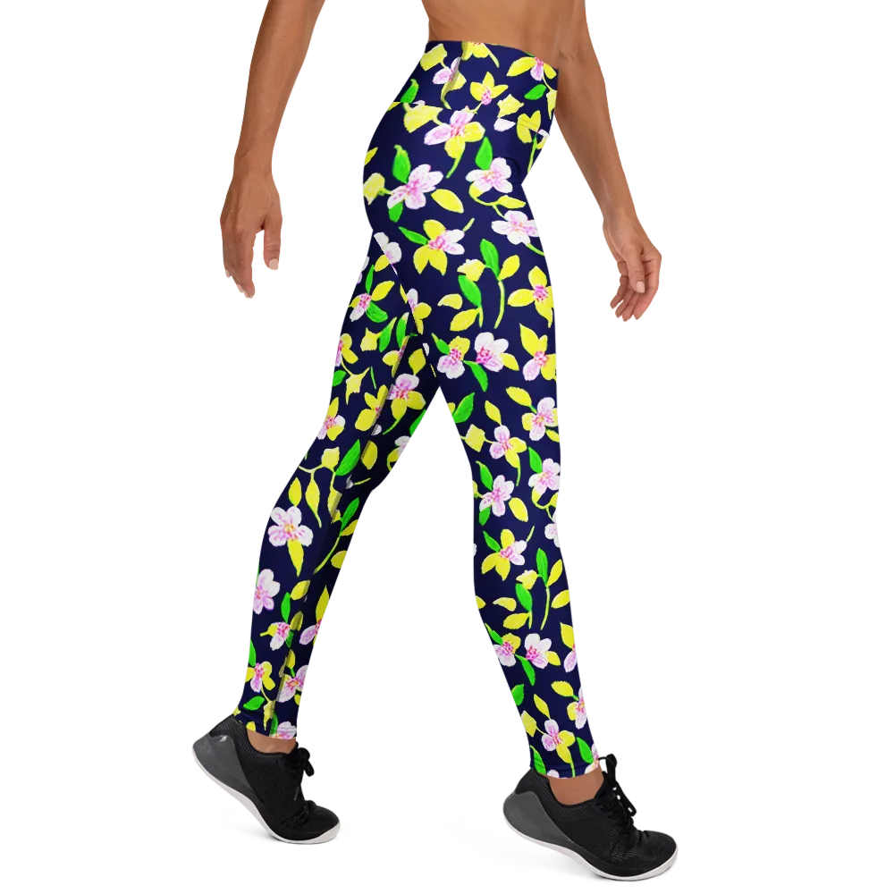Navy Blossom on Yoga Leggings — Right