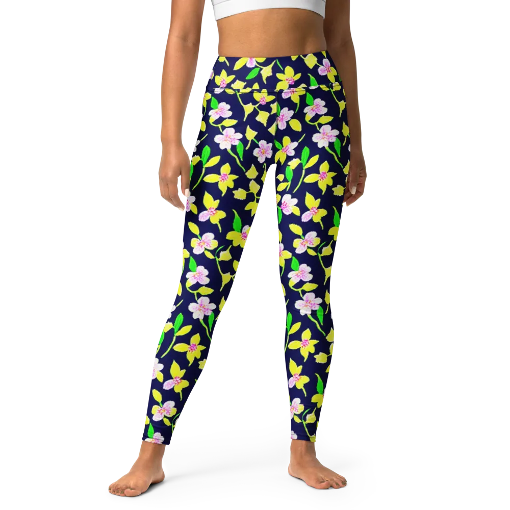 Navy Blossom on Yoga Leggings — Front