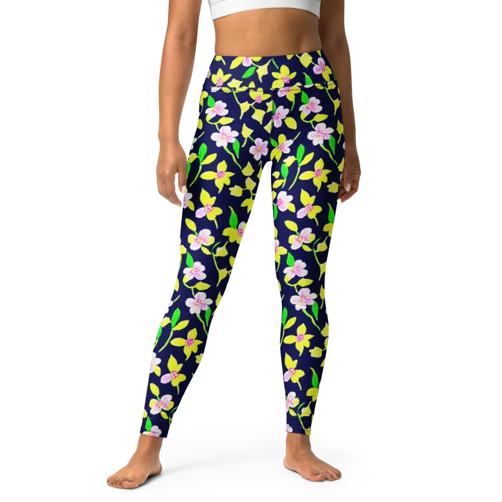 Navy Blossom on Yoga Leggings — Front
