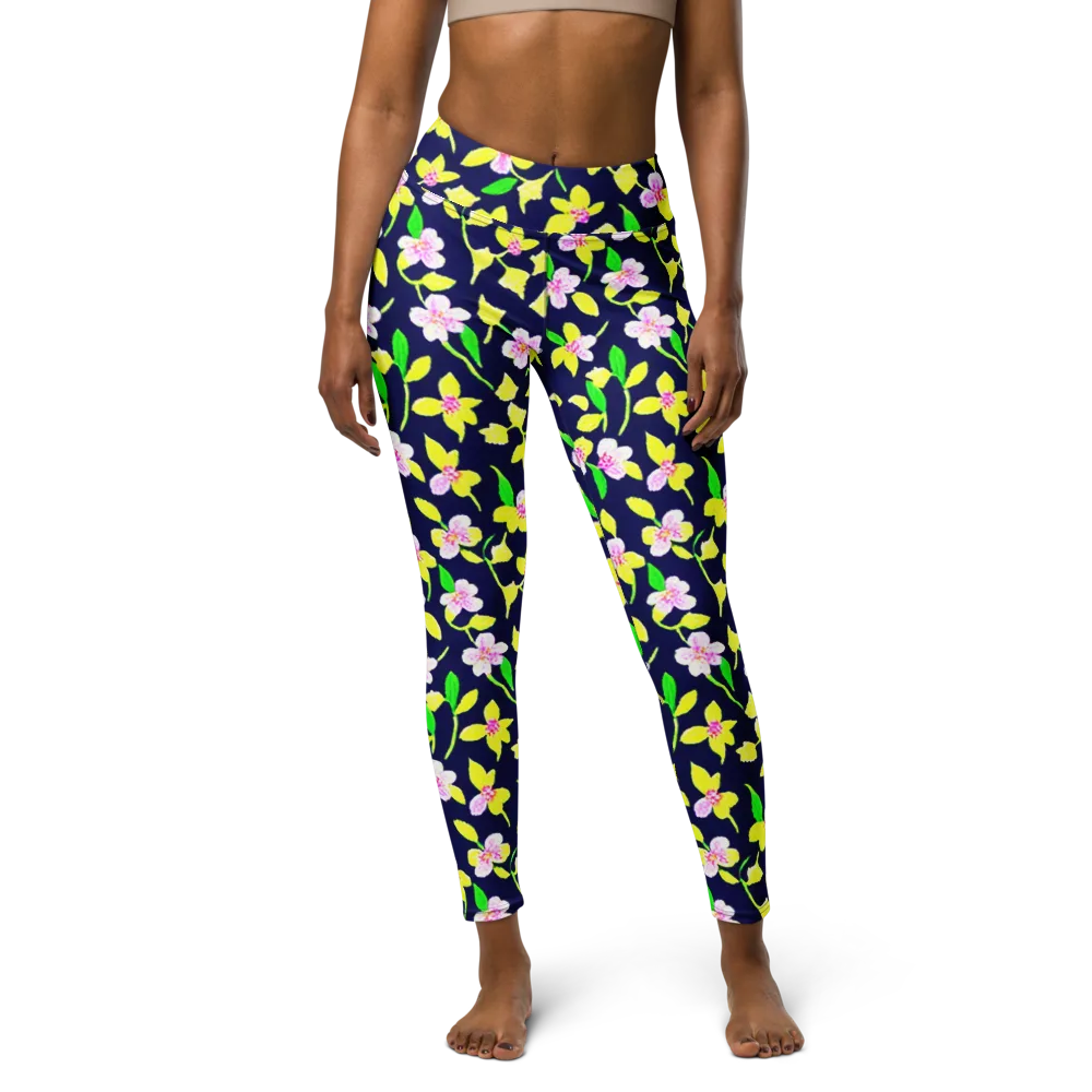Navy Blossom on Yoga Leggings — Front