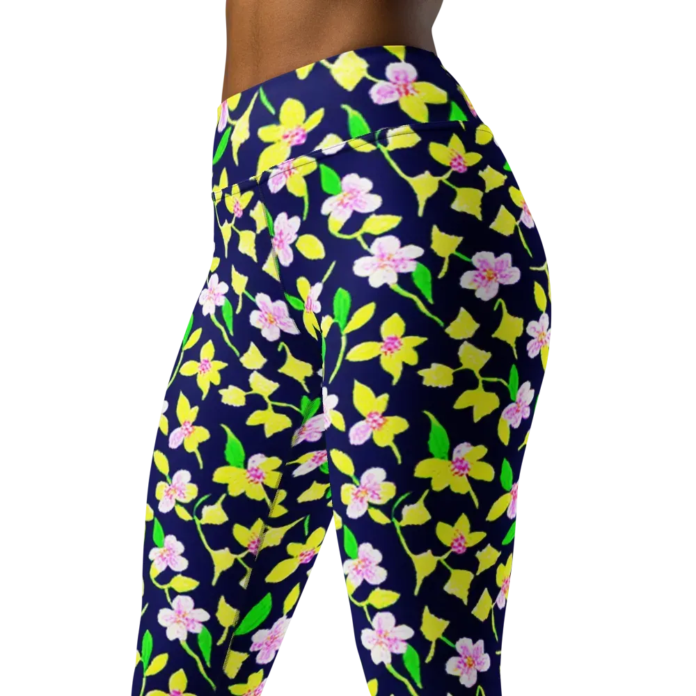 Navy Blossom on Yoga Leggings — Left Front